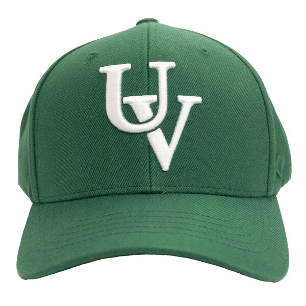 CapX forest green structured adjustable hat from the front with a vintage UV logo in white